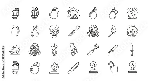 Line art icons depicting grenades bombs explosions skull gas masks knives and other dangerous elements