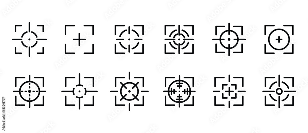 Fototapeta premium Set of target aim icons. Take aim target icon accuracy focused Sniper aim. Focus cursor on the target. Focus icon for aiming, archery, shooting, navigation vector icons set in transparent background.