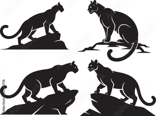 Four black silhouettes of panthers depicted in various prowling and sitting poses