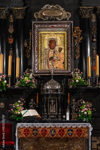view of the altar and shrine of the Black Madonna inside the Jasna Gora monastery church