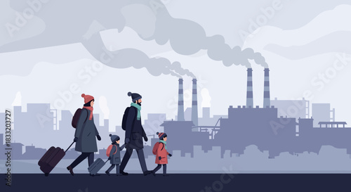 Family walking away from industrial city with smoking chimneys and grey polluted sky illustration