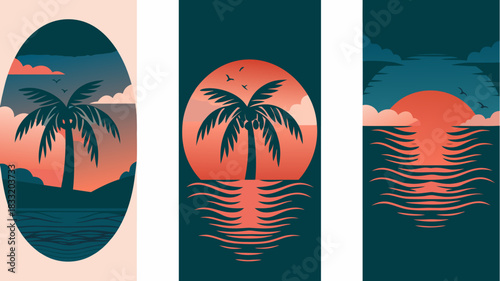 Stunning sunset silhouettes of tropical palm trees, reflected in tranquil ocean water, creating a peaceful, relaxing vacation getaway vibe and coastal charm