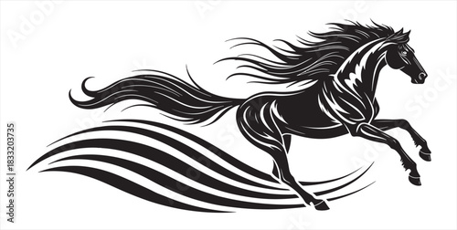 A striking black horse illustration in dynamic motion with flowing mane and tail