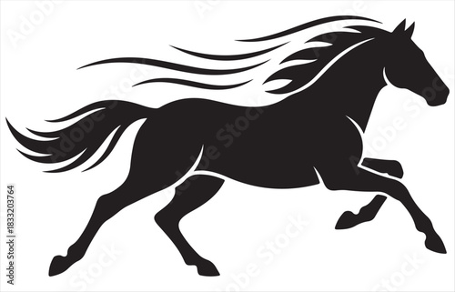 A striking silhouette of a galloping black horse with flowing mane and tail
