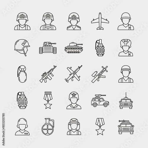 Line art icons depicting military personnel vehicles weapons and medals on a light gray background