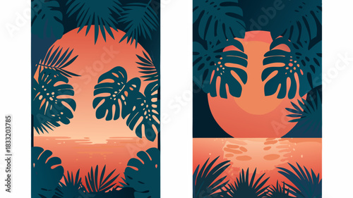 Tropical sunset paradise with lush palm trees and serene waters, perfect for vacation vibes and summer getaways, originally a vector graphic