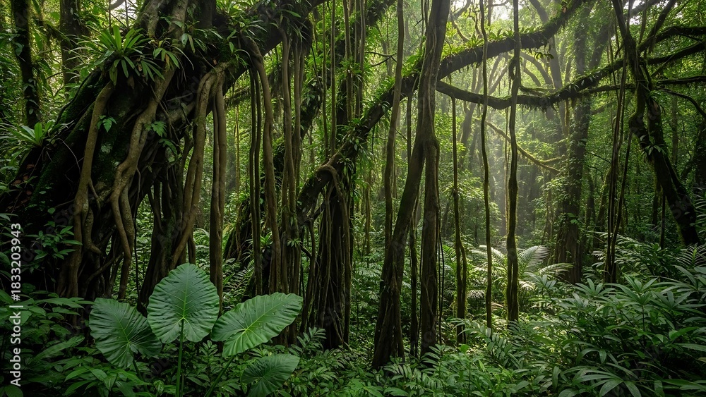 Fototapeta premium Ethereal Sunbeams in Lush Tropical Rainforest Majestic Strangler Fig with Dramatic Aerial Roots and Giant Leaves.