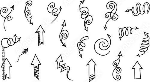 Hand-drawn arrow doodles set, swirl arrows, sketch elements, direction symbols, decorative pointers, vector collection, navigation icons, creative design, outlines