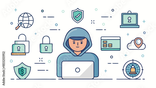 Hacker with hoodie using a laptop for internet access