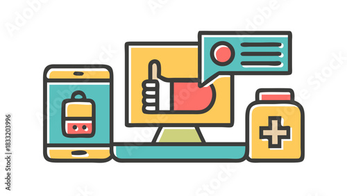 Online Medicine Icons Showing Thumb Up Feedback and Health Care