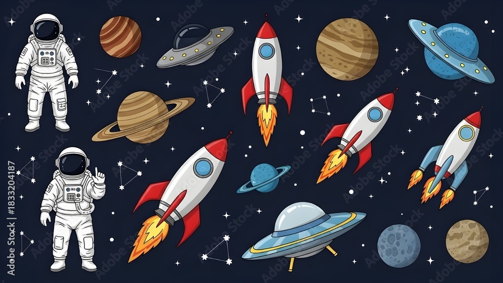 Naklejka premium Space-themed vector set with astronauts, rockets, planets, UFOs