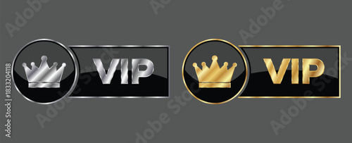 Premium Silver and Gold VIP Rectangle Badge Set with Glossy Metallic Crown Icon and Luxury Frame Design Vector