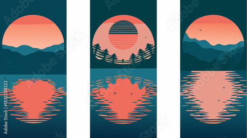 Tranquil sunset reflecting over calm waters, mountains and trees creating a serene nature scene, ideal for travel, relaxation, and outdoor adventures themes