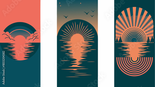 Three stunning sunset scenes reflected on water, perfect for creating a serene and peaceful atmosphere, originally a vector graphic