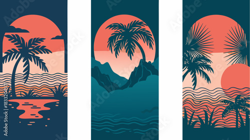 Stunning vector art featuring vibrant tropical beach scenes with palm trees silhouetted against a sunset, perfect for travel posters and summer vibes designs