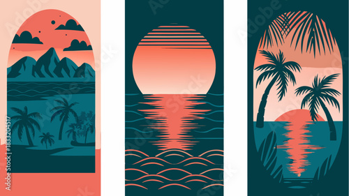 Stunning tropical island sunset art collection with palm trees and ocean views, perfect for travel ads and summer promotions, originally created as scalable vector graphics
