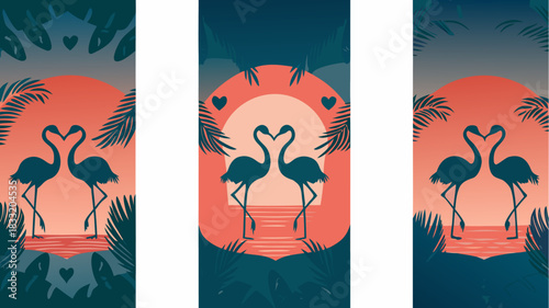 Romantic flamingo silhouettes form heart shapes against tropical sunset, perfect for Valentine's Day designs and tropical love themes with nature