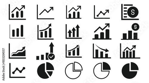 Growth bar chart, Growing graph icon set. Arrow growing pointing up on chart graph bars icon, success graph trending upwards flat design. Down or up arrow and pie chart.