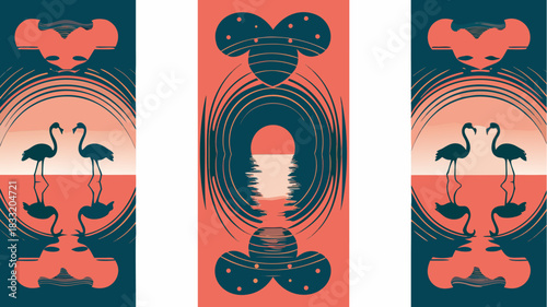 Stunning sunset scene with flamingo silhouettes reflected in water, a perfect tropical getaway visualized with a modern artistic touch, calming and serene