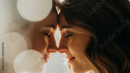 Intimate Moment: Two Women Touching Noses in Soft Light