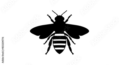 Silhouette of a bee with wings spread on white.