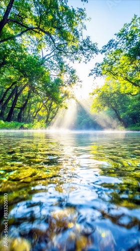 A tranquil river scene with sunlight piercing through the trees, creating a serene and peaceful atmosphere. The water reflects the light and surrounding foliage