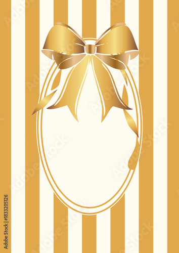 vertical poster template in light color with yellow stripes with a voluminous gold bow, for invitations, flyers or decorative frames