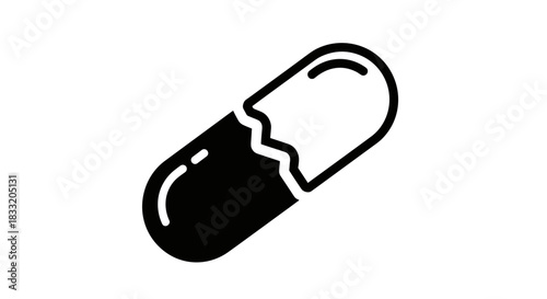 Broken Capsule Pill Icon Medical Treatment and Healthcare Concept.