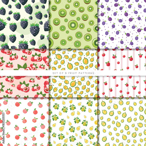Collection of colorful healthy food backgrounds. Vector illustrations of fresh organic snacks suitable for fabric, wrapping paper or kitchen decor.