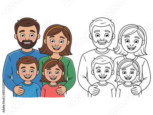 A happy, smiling family portrait of a mother, father, and two children, with a coloring page version shown alongside.