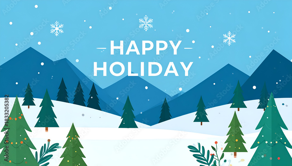 Obraz premium flat vector winter landscape with mountains, trees, snowfall, happy holiday message area