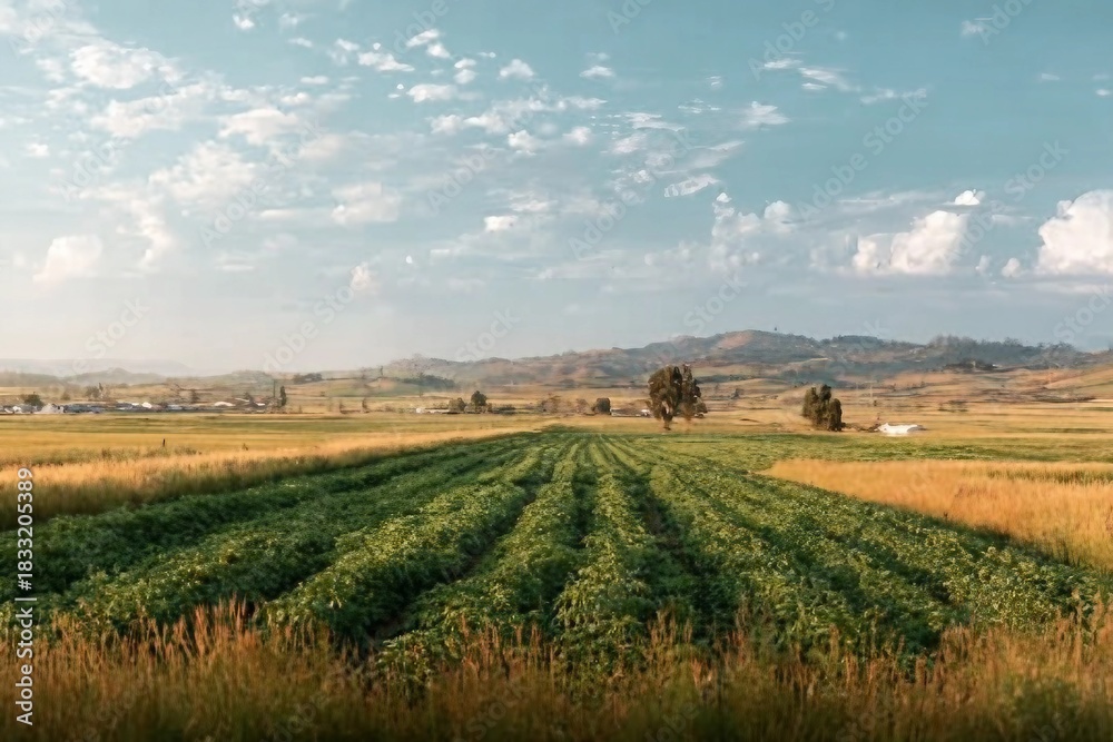 Fototapeta premium Empty farm, landscape and crops in environment, countryside and outdoor with clouds in sky. Plants, vegetables and nature with agriculture, sustainability and food production