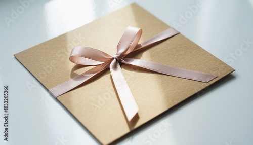 Elegant Golden Envelope Tied With Delicate Pink Ribbon Bow On White Surface.