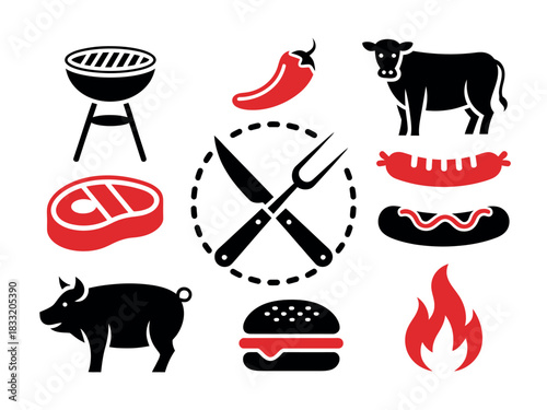 A collection of barbecue and grilling icons, including a grill, steak, pig, cow, chili pepper, burger, hot dog, cutlery, and flames.
