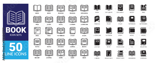 Book icon sets with line style on white background, knowledge and education symbols for ui ux design