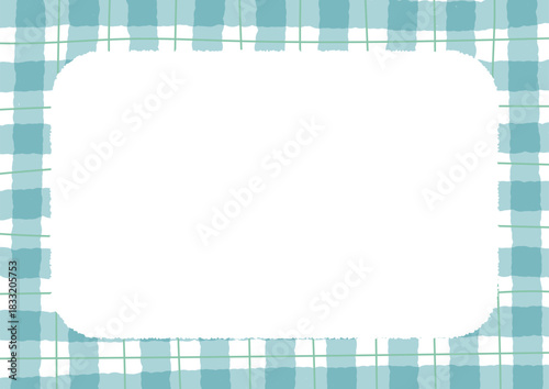 水色と緑のチェック柄フレーム　手描き風で優しい雰囲気のベクター素材｜チェック, フレーム, 手描き風, 緑, 水色, ベクター