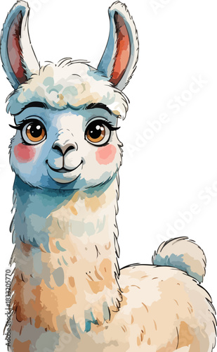 A cute watercolor-style llama with big expressive eyes, fluffy pastel fur, soft blush cheeks, and a friendly smiling expression stands adorably posed.