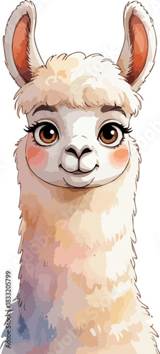 A sweet watercolor-style llama with big sparkling eyes, fluffy multicolored fur, and rosy cheeks looks forward with a gentle, friendly smile.