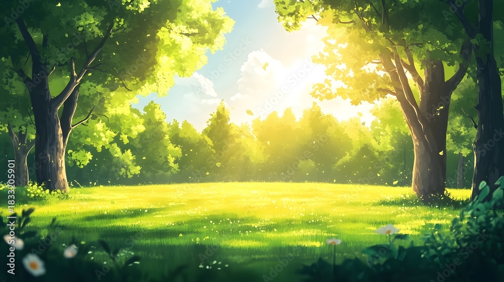 Fototapeta premium Bright sunlight illuminates a clearing surrounded by tall, lush trees in a vibrant natural setting