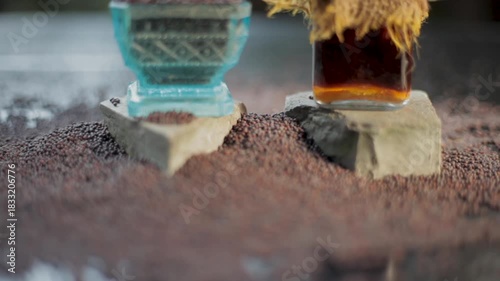 Closeup of Jeera Extract (Cuminum cyminum) in Glass Jar – Herbal Solution for Hair Strength, Skin Radiance, Digestive Health, Aromatic Therapy, and Natural Beauty Treatments