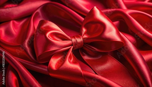 Elegant red satin ribbon bow draped on luxurious flowing fabric background.