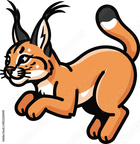 Cartoon illustration of a playful caracal wild cat with tufted ears pouncing or running.