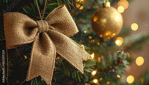 Rustic Burlap Bow and Golden Ornament on a Decorated Christmas Tree with Bokeh Lights.