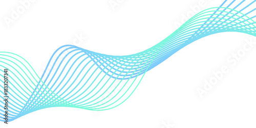 Abstract blue smooth wave on a white background. Colorful blue and orange shiny smooth blend line, wave with lines created using blend tool.  Dynamic sound wave isolated on white background.