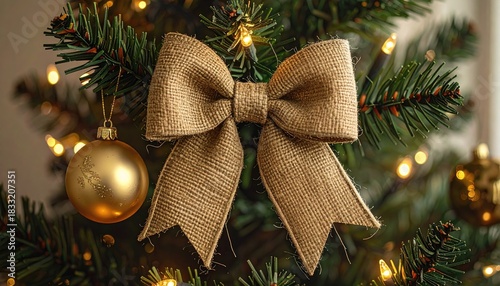 Close up of a festive Christmas tree decoration featuring a rustic burlap bow and a golden bauble.