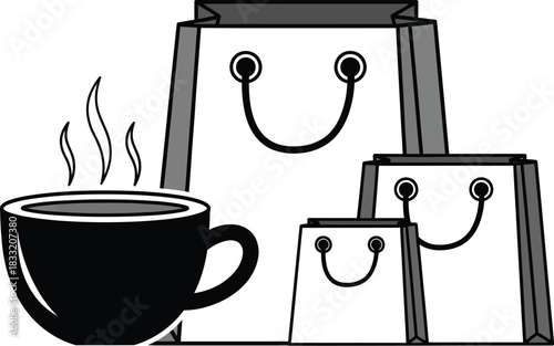 Hot coffee cup with shopping bags representing retail therapy and consumerism