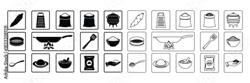 Kitchen tools food ingredients and cooking process vector illustration icon set