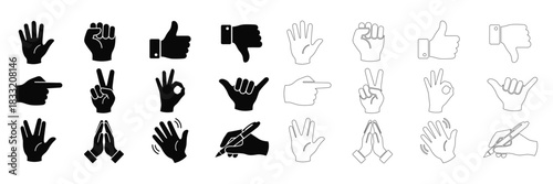 Hand gestures set vector illustration in two styles solid and outline icons