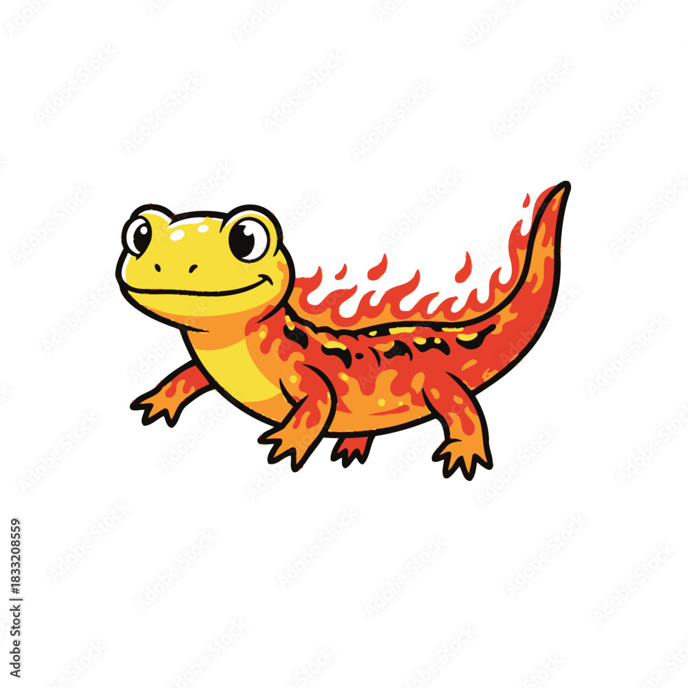 Fototapeta premium Cartoon salamander with flames on its back, smiling.