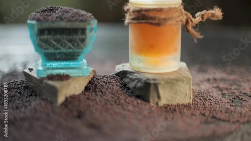 Nourishing Hair Mask with Cumin Seeds, Egg Yolk, Olive Oil and Water on Wooden Surface – Natural Treatment for Healthy, Strong, Long, Smooth Hair and Deep Conditioning Haircare